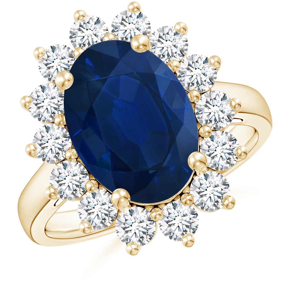 14x10mm AA Princess Diana Inspired Blue Sapphire Ring with Diamond Halo in Yellow Gold 
