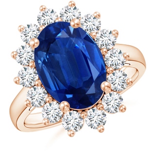 14x10mm AAA Princess Diana Inspired Blue Sapphire Ring with Diamond Halo in 10K Rose Gold