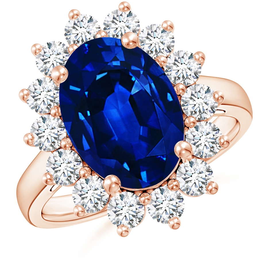14x10mm Lab-Grown Princess Diana Inspired Blue Sapphire Ring with Diamond Halo in 18K Rose Gold 