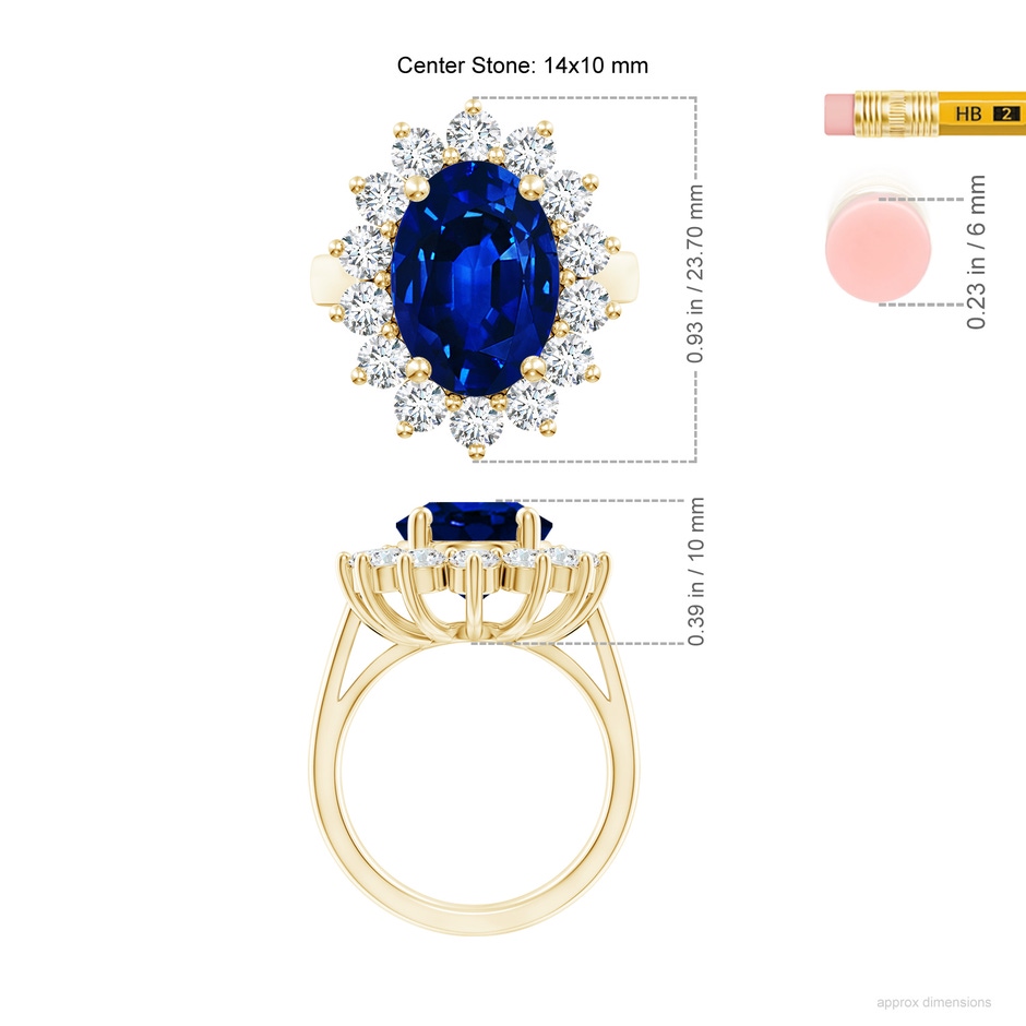 14x10mm Lab-Grown Princess Diana Inspired Blue Sapphire Ring with Diamond Halo in 18K Yellow Gold ruler