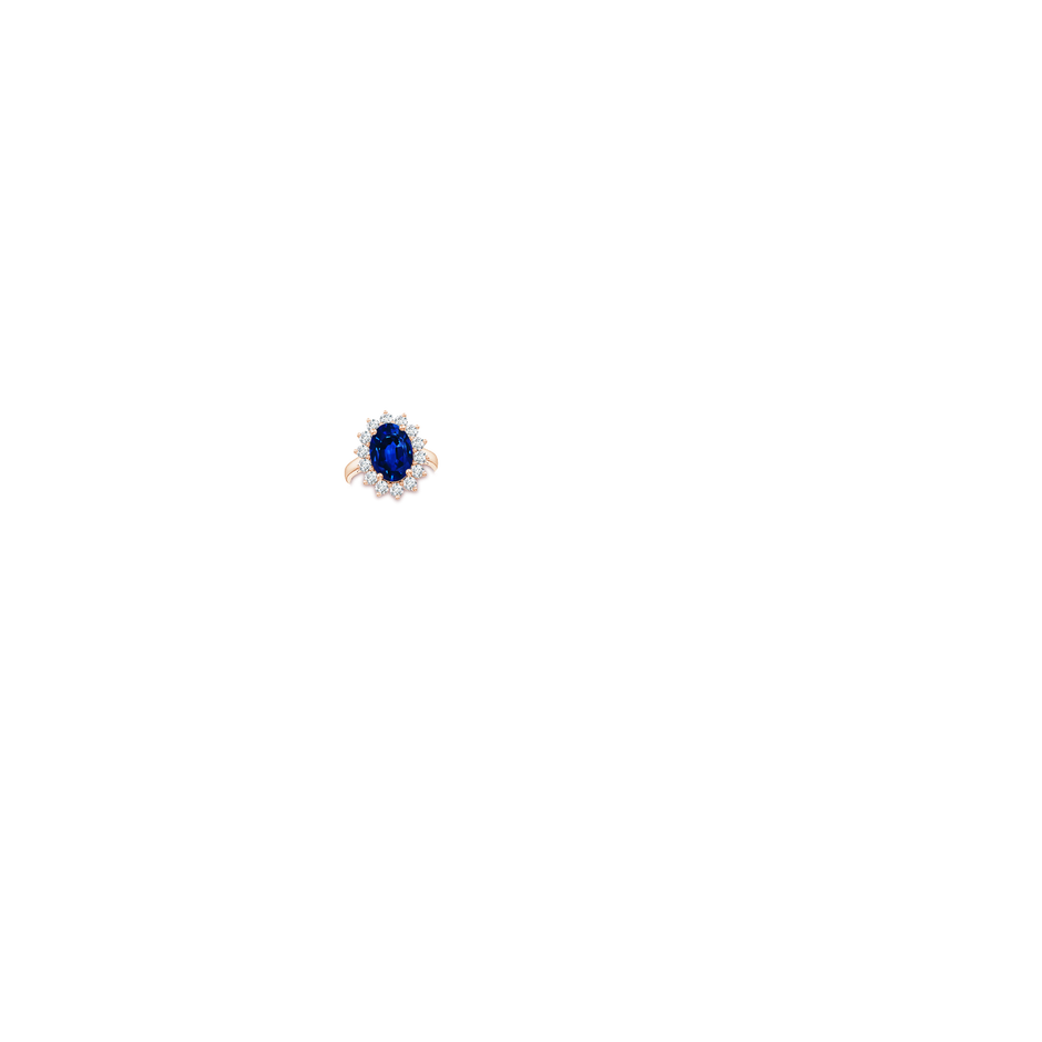 14x10mm Lab-Grown Princess Diana Inspired Blue Sapphire Ring with Diamond Halo in 9K Rose Gold hand