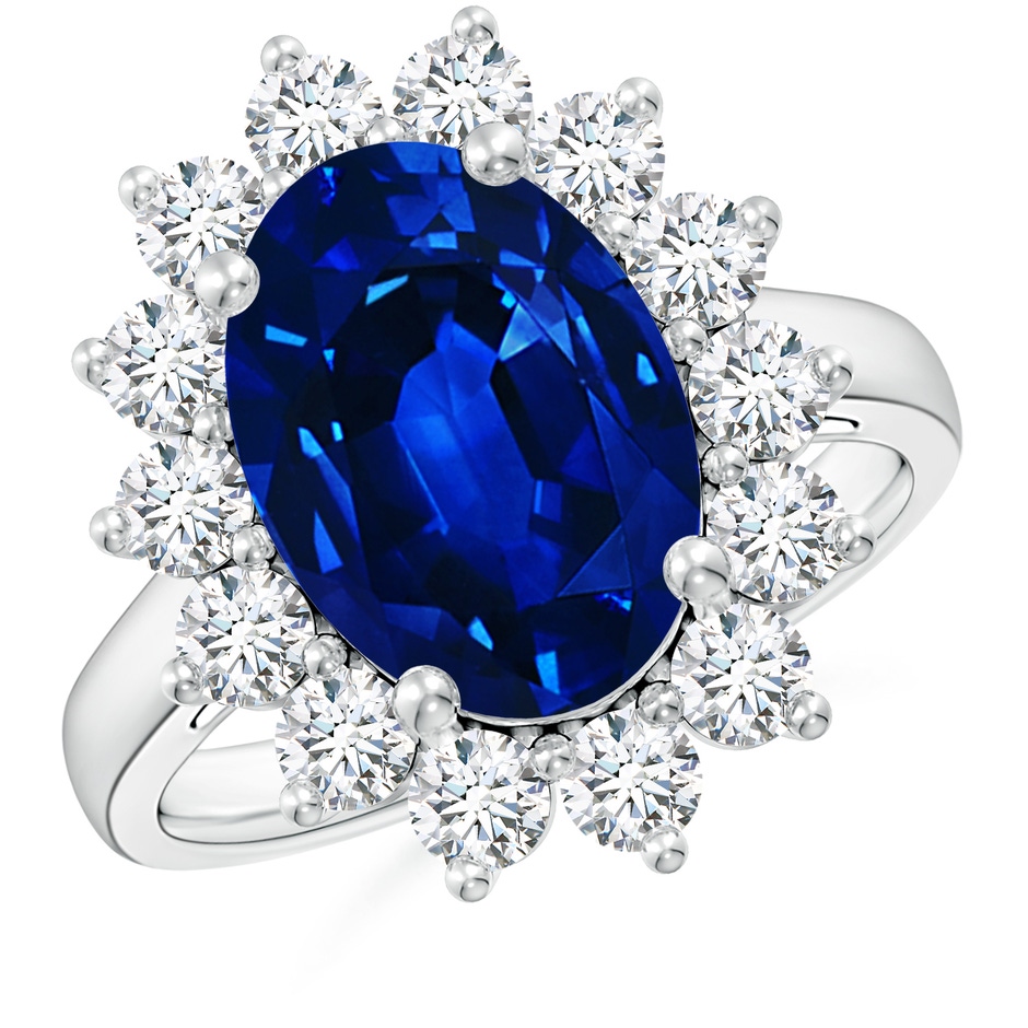 14x10mm Lab-Grown Princess Diana Inspired Blue Sapphire Ring with Diamond Halo in P950 Platinum 