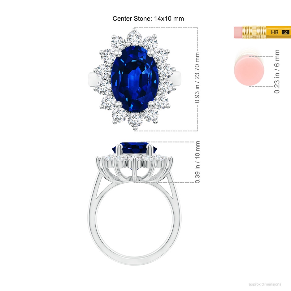 14x10mm Lab-Grown Princess Diana Inspired Blue Sapphire Ring with Diamond Halo in P950 Platinum ruler