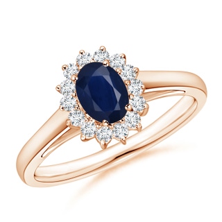 6x4mm A Princess Diana Inspired Blue Sapphire Ring with Diamond Halo in 10K Rose Gold