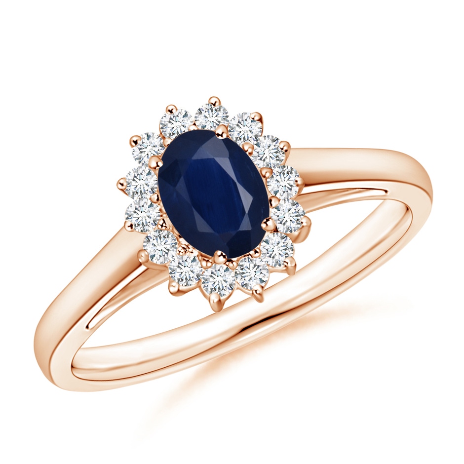 6x4mm A Princess Diana Inspired Blue Sapphire Ring with Diamond Halo in Rose Gold 