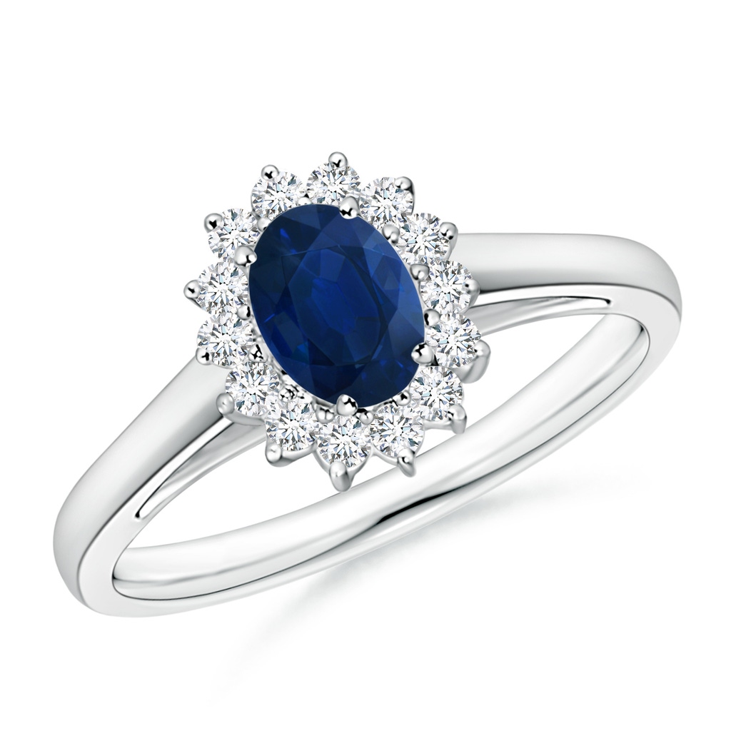 6x4mm AA Princess Diana Inspired Blue Sapphire Ring with Diamond Halo in 9K White Gold 