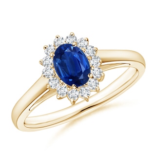 6x4mm AAA Princess Diana Inspired Blue Sapphire Ring with Diamond Halo in 9K Yellow Gold