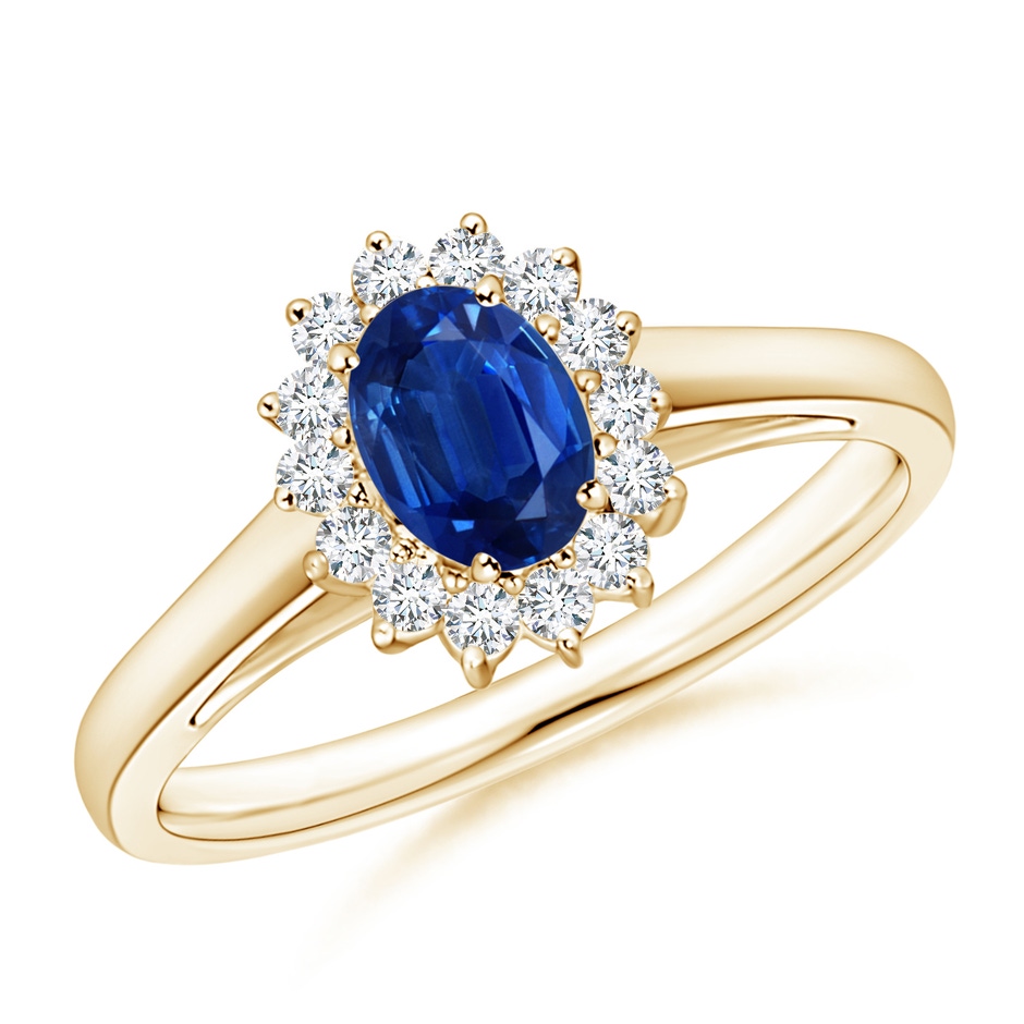 6x4mm AAA Princess Diana Inspired Blue Sapphire Ring with Diamond Halo in 9K Yellow Gold 