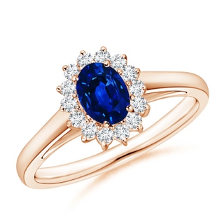 6x4mm AAAA Princess Diana Inspired Blue Sapphire Ring with Diamond Halo in 10K Rose Gold