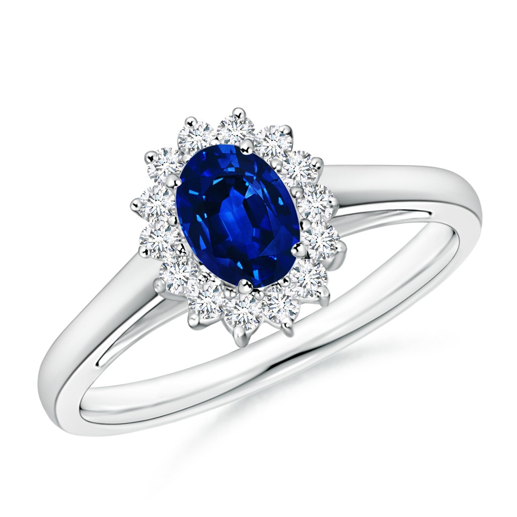 6x4mm Lab-Grown Princess Diana Inspired Blue Sapphire Ring with Diamond Halo in P950 Platinum