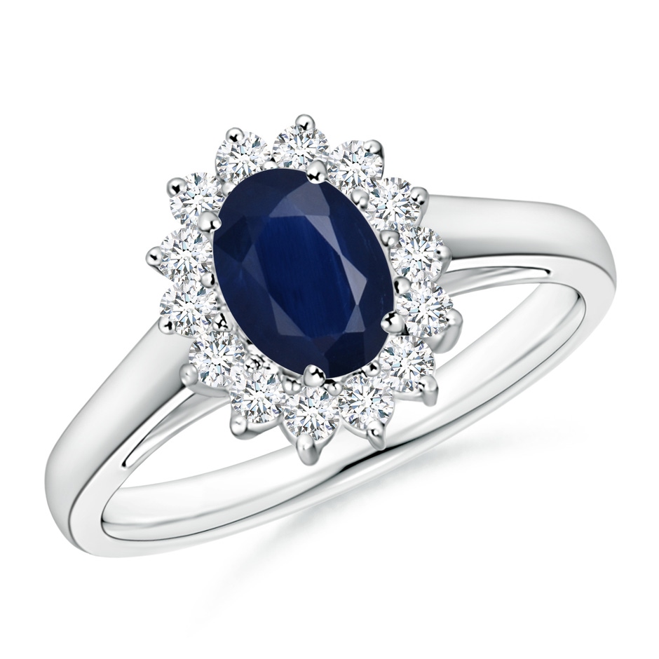 7x5mm A Princess Diana Inspired Blue Sapphire Ring with Diamond Halo in White Gold 