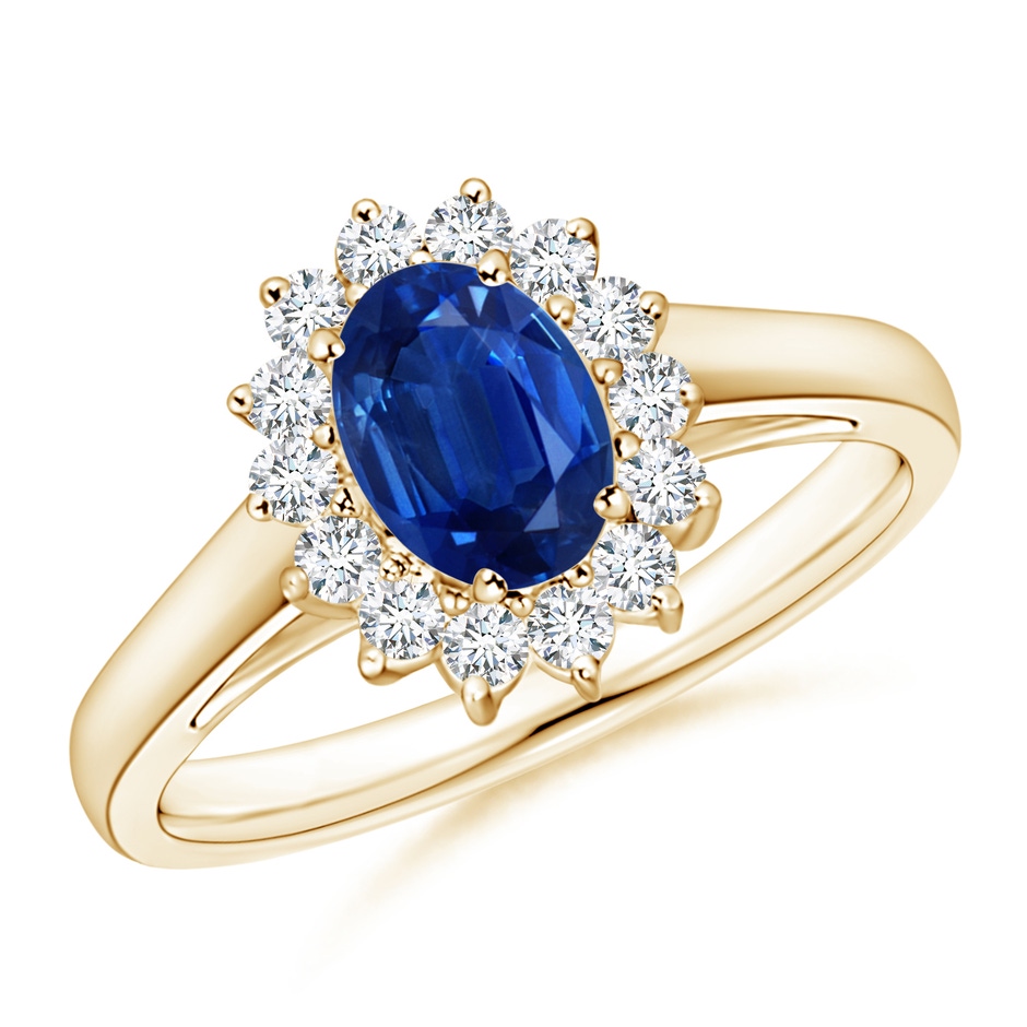 7x5mm AAA Princess Diana Inspired Blue Sapphire Ring with Diamond Halo in Yellow Gold 