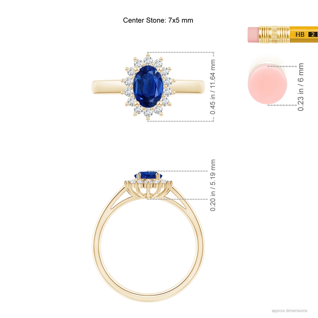 7x5mm AAA Princess Diana Inspired Blue Sapphire Ring with Diamond Halo in Yellow Gold ruler