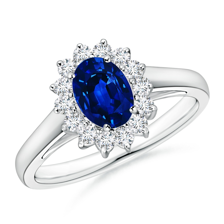 7x5mm Lab-Grown Princess Diana Inspired Blue Sapphire Ring with Diamond Halo in P950 Platinum 