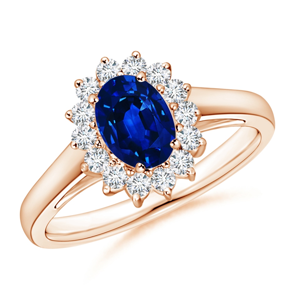 7x5mm AAAA Princess Diana Inspired Blue Sapphire Ring with Diamond Halo in Rose Gold 