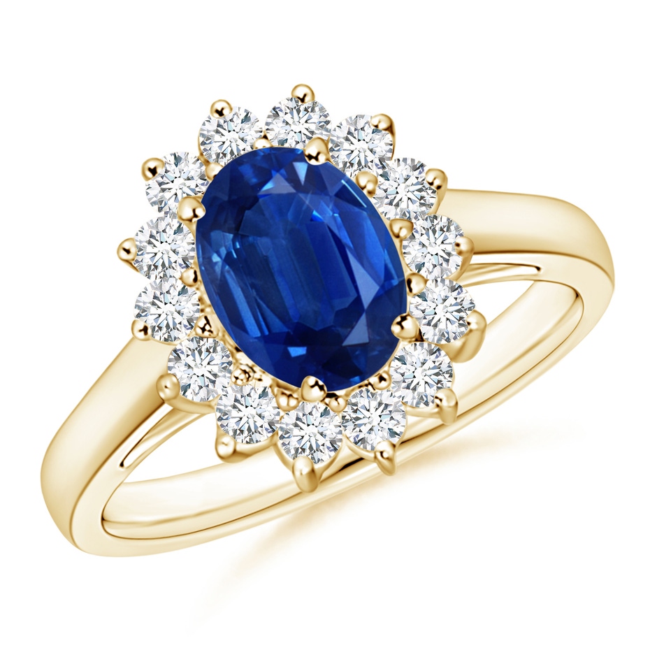 8x6mm AAA Princess Diana Inspired Blue Sapphire Ring with Diamond Halo in 18K Yellow Gold 