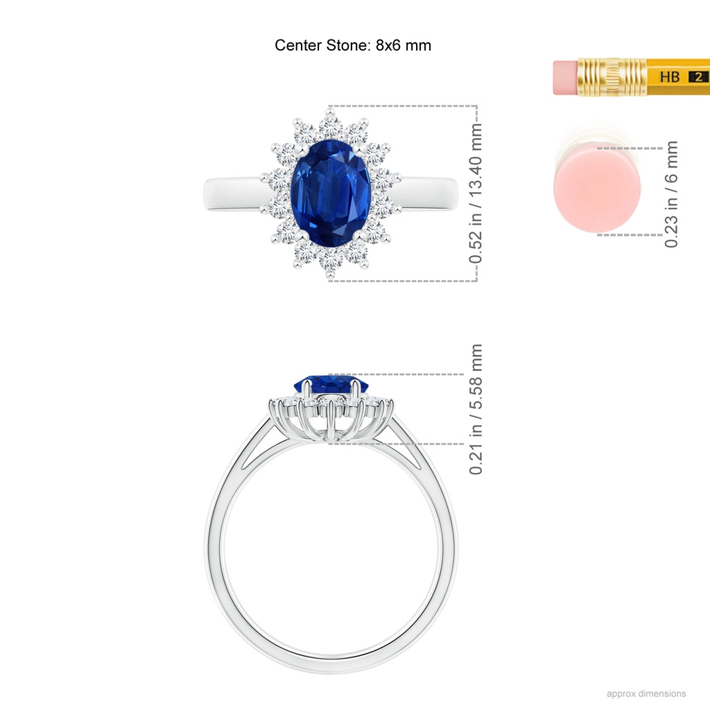 8x6mm AAA Princess Diana Inspired Blue Sapphire Ring with Diamond Halo in P950 Platinum ruler