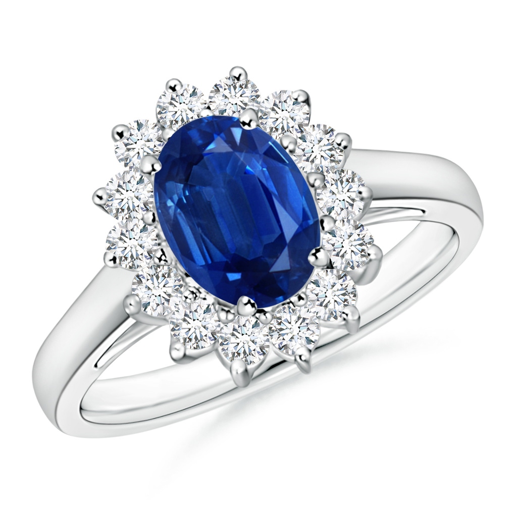 8x6mm AAA Princess Diana Inspired Blue Sapphire Ring with Diamond Halo in White Gold