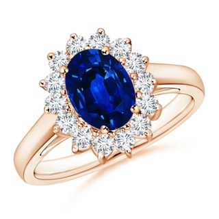 8x6mm AAAA Princess Diana Inspired Blue Sapphire Ring with Diamond Halo in 10K Rose Gold