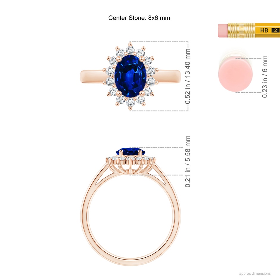 8x6mm AAAA Princess Diana Inspired Blue Sapphire Ring with Diamond Halo in Rose Gold ruler