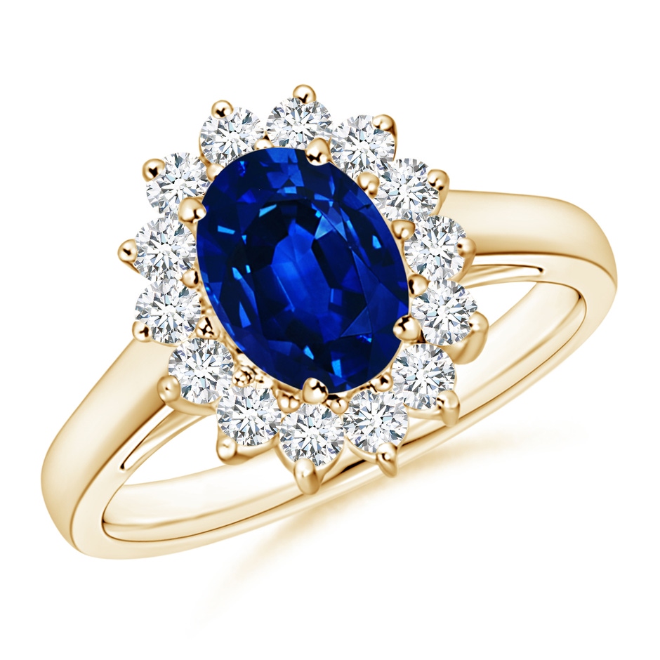 8x6mm AAAA Princess Diana Inspired Blue Sapphire Ring with Diamond Halo in Yellow Gold 