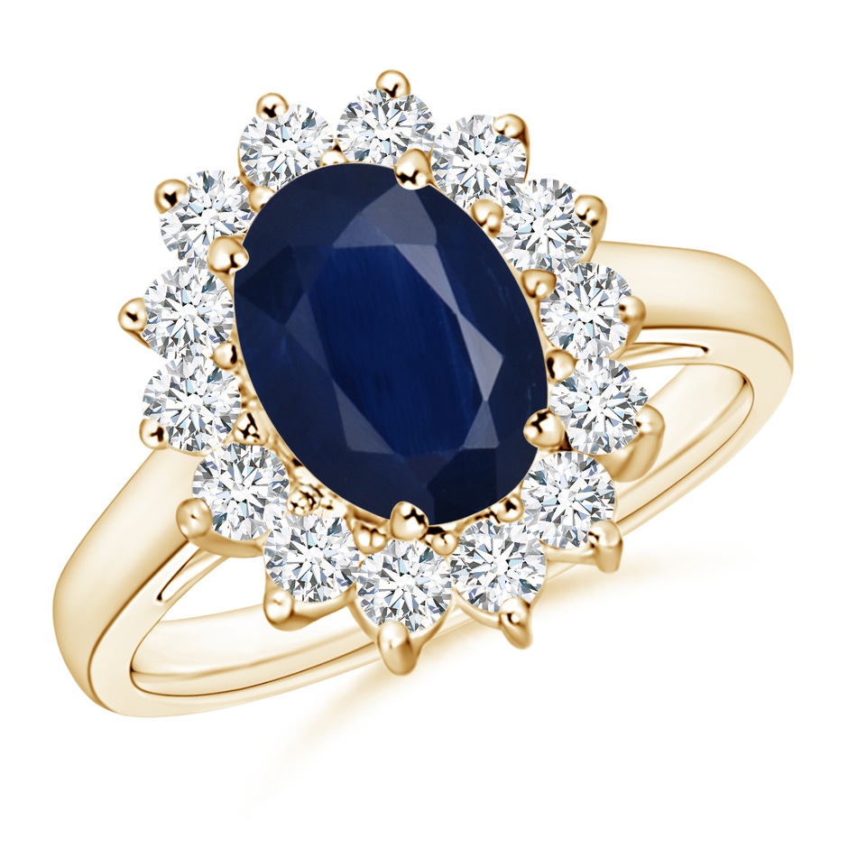 9x7mm A Princess Diana Inspired Blue Sapphire Ring with Diamond Halo in Yellow Gold 