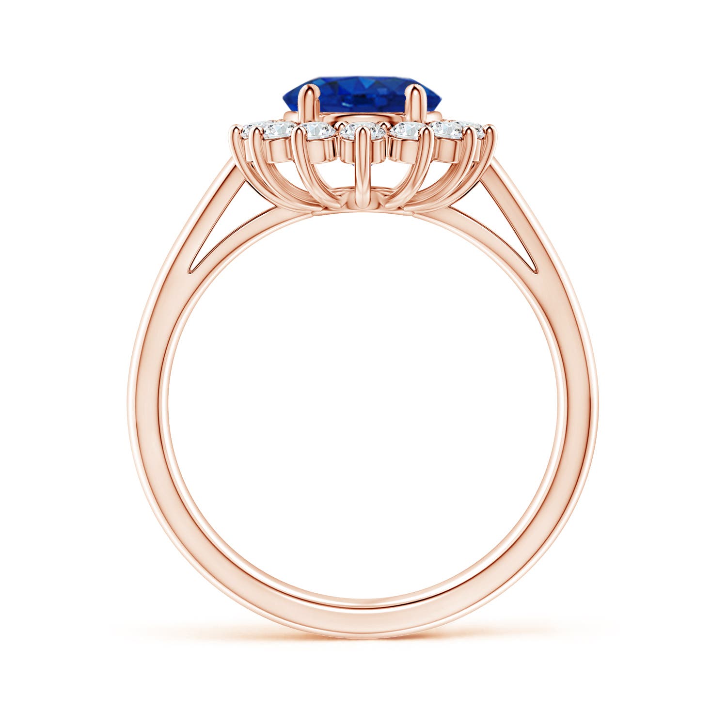 9x7mm AAA Princess Diana Inspired Blue Sapphire Ring with Diamond Halo in 18K Rose Gold - side 4