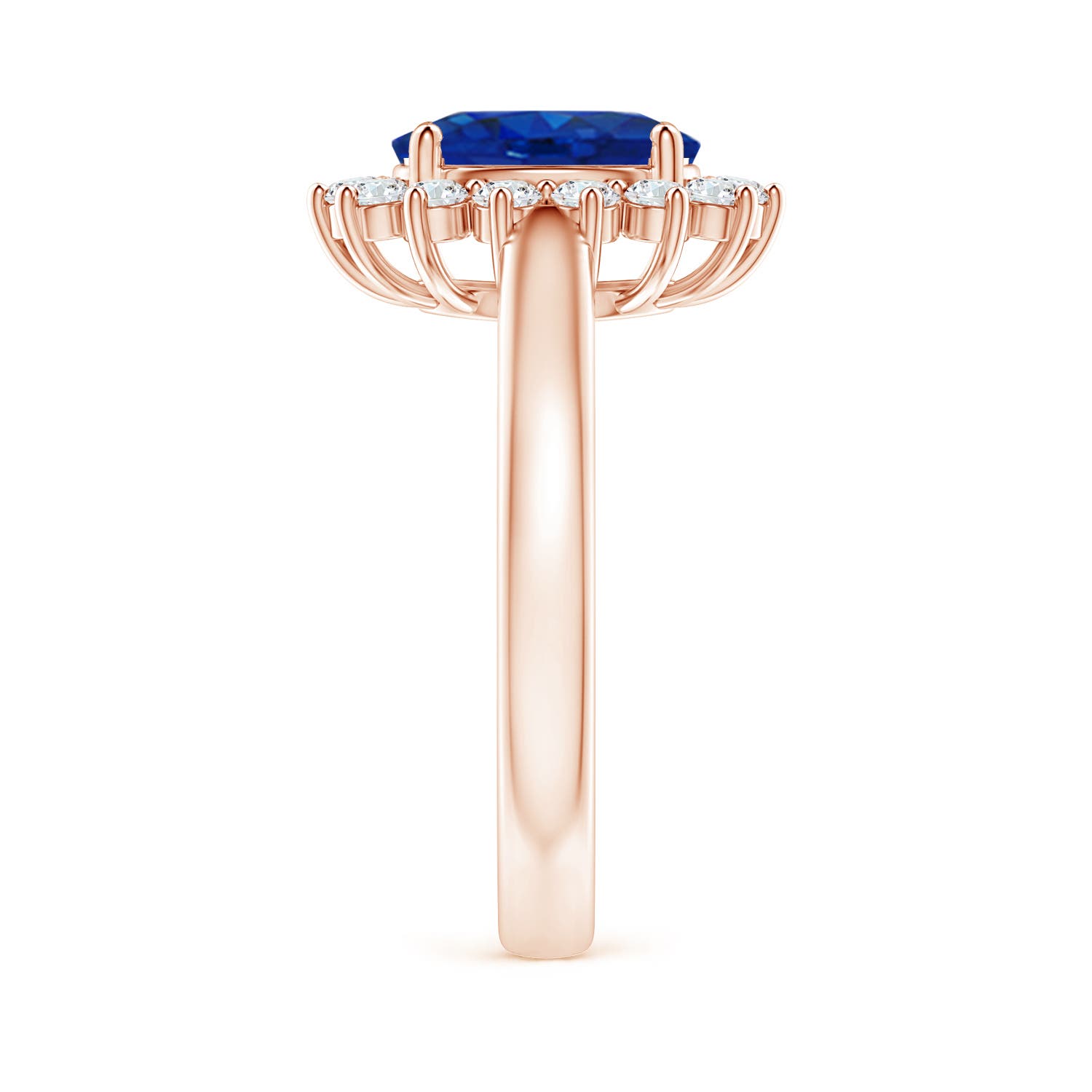 9x7mm AAA Princess Diana Inspired Blue Sapphire Ring with Diamond Halo in 18K Rose Gold - side 7