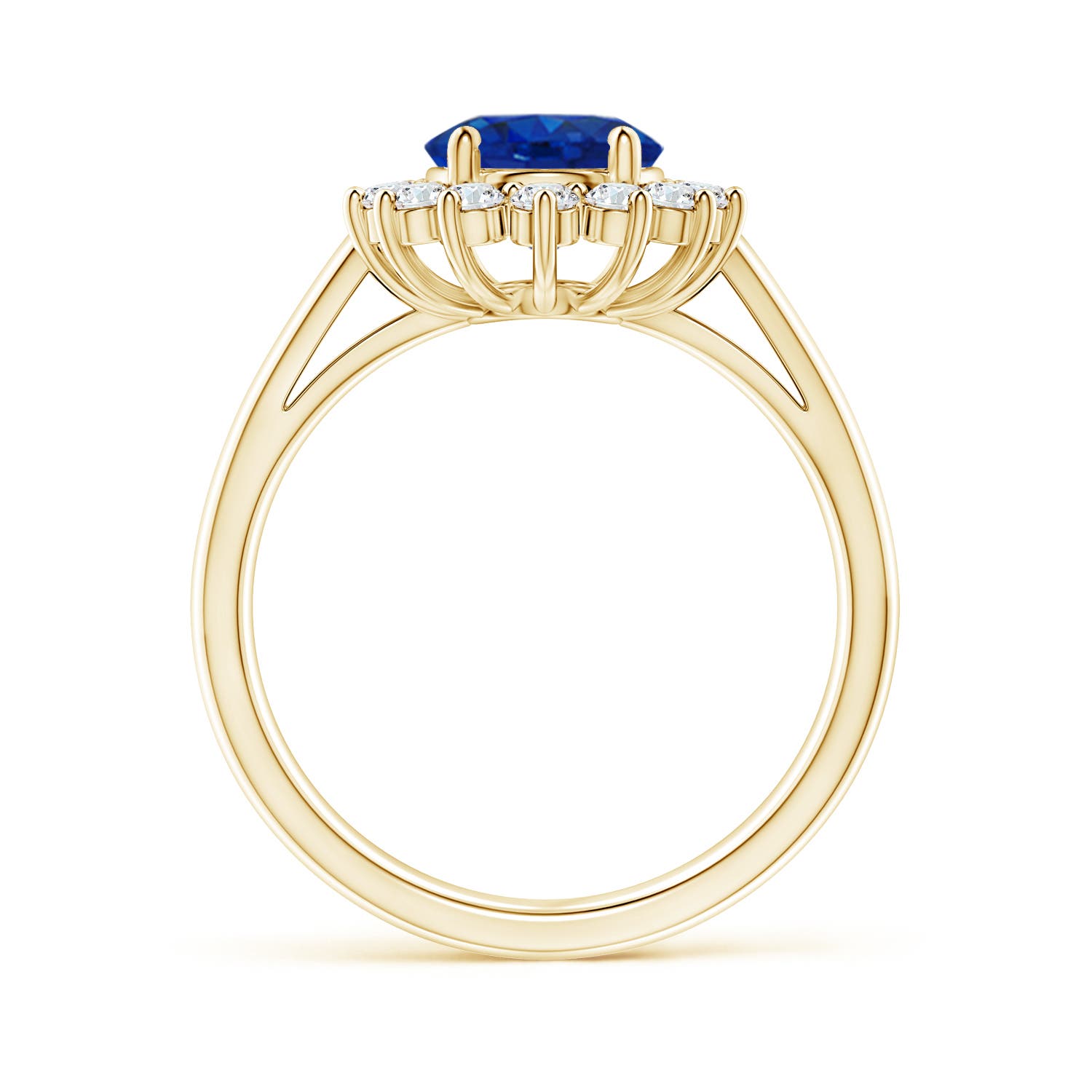 9x7mm AAA Princess Diana Inspired Blue Sapphire Ring with Diamond Halo in 18CT Yellow Gold - side 4