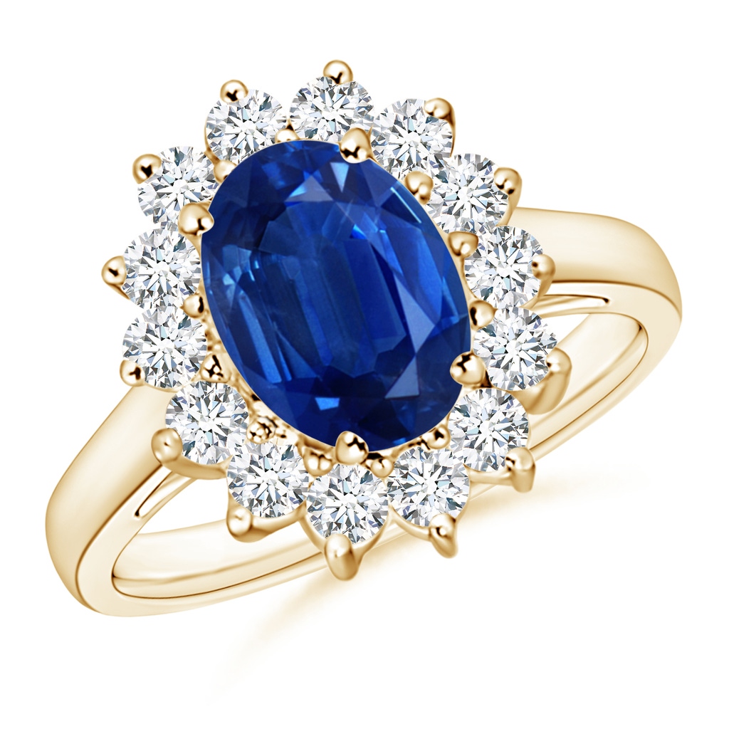 9x7mm AAA Princess Diana Inspired Blue Sapphire Ring with Diamond Halo in Yellow Gold