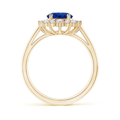 9x7mm AAA Princess Diana Inspired Blue Sapphire Ring with Diamond Halo in Yellow Gold - side 5