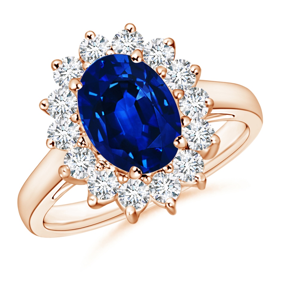 9x7mm AAAA Princess Diana Inspired Blue Sapphire Ring with Diamond Halo in Rose Gold 