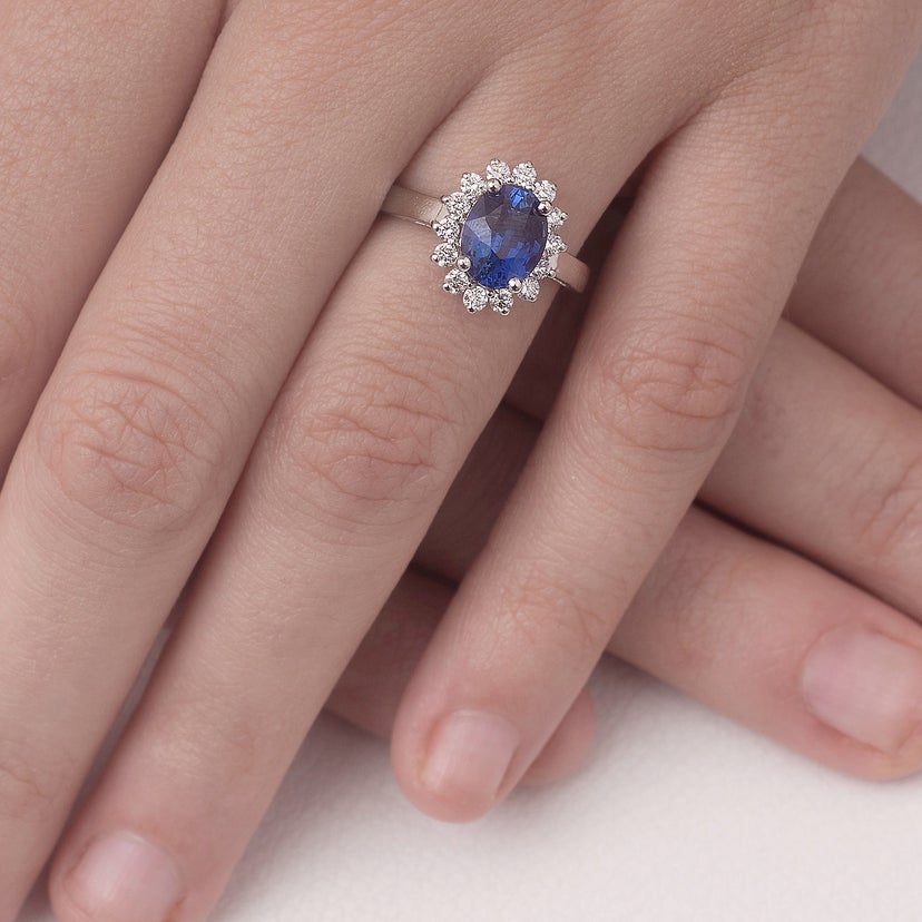 Princess Diana Inspired Blue Sapphire Ring with Diamond Halo