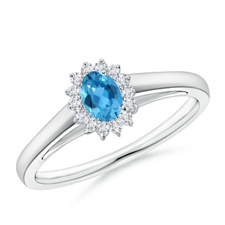 5x3mm AAA Princess Diana Inspired Swiss Blue Topaz Ring with Halo in White Gold