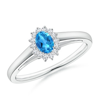5x3mm AAAA Princess Diana Inspired Swiss Blue Topaz Ring with Halo in P950 Platinum