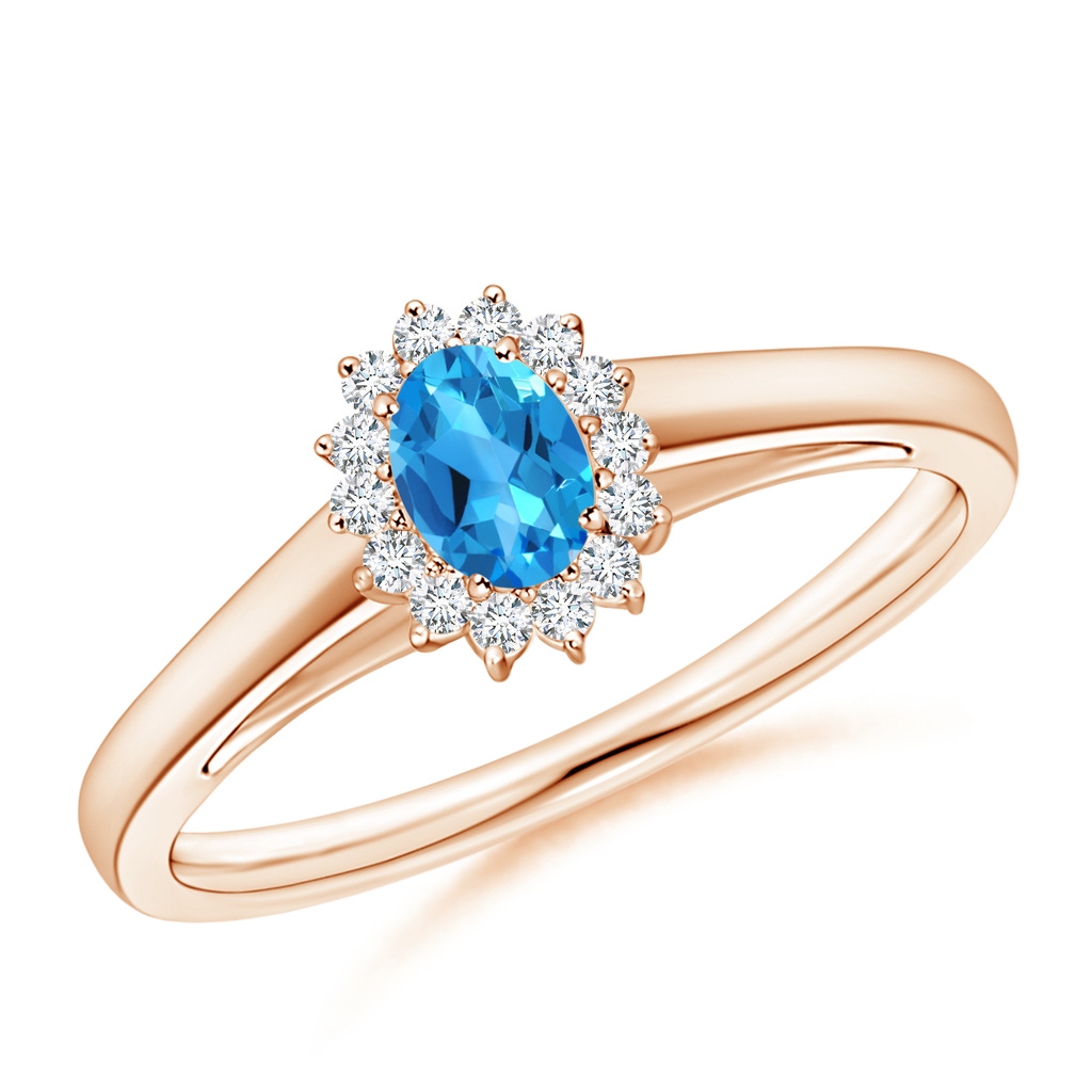 5x3mm AAAA Princess Diana Inspired Swiss Blue Topaz Ring with Halo in Rose Gold