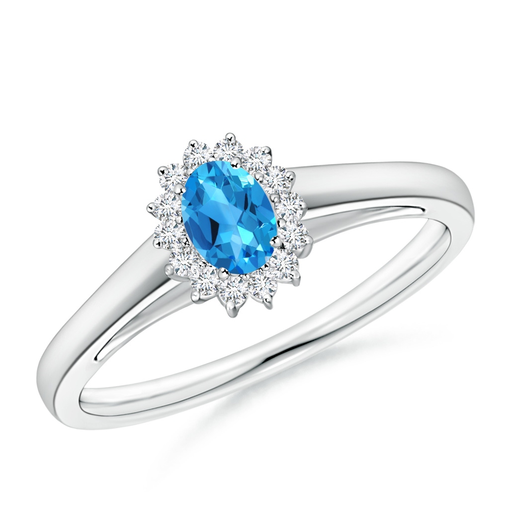 5x3mm AAAA Princess Diana Inspired Swiss Blue Topaz Ring with Halo in White Gold