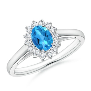 6x4mm AAAA Princess Diana Inspired Swiss Blue Topaz Ring with Halo in P950 Platinum