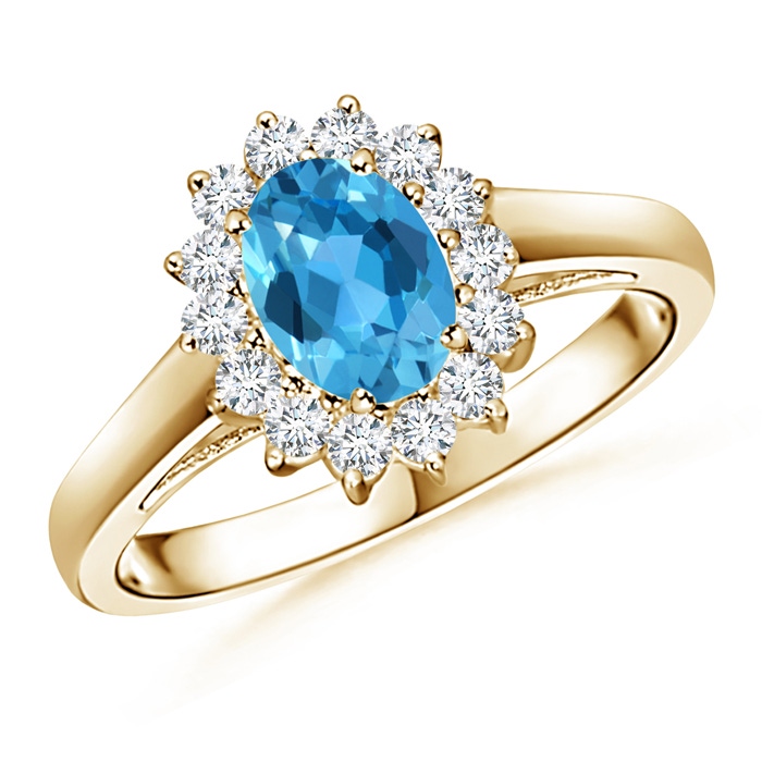 7x5mm AAA Princess Diana Inspired Swiss Blue Topaz Ring with Halo in 9K Yellow Gold