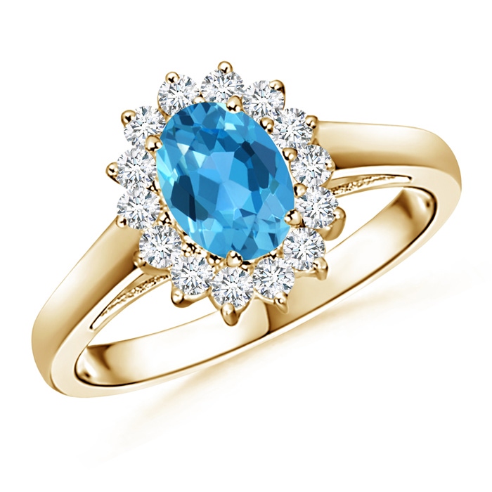 7x5mm AAA Princess Diana Inspired Swiss Blue Topaz Ring with Halo in 9K Yellow Gold 