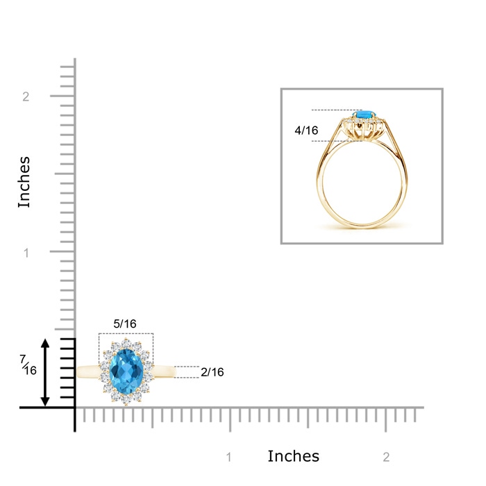 7x5mm AAA Princess Diana Inspired Swiss Blue Topaz Ring with Halo in 9K Yellow Gold ruler