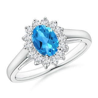 7x5mm AAAA Princess Diana Inspired Swiss Blue Topaz Ring with Halo in P950 Platinum