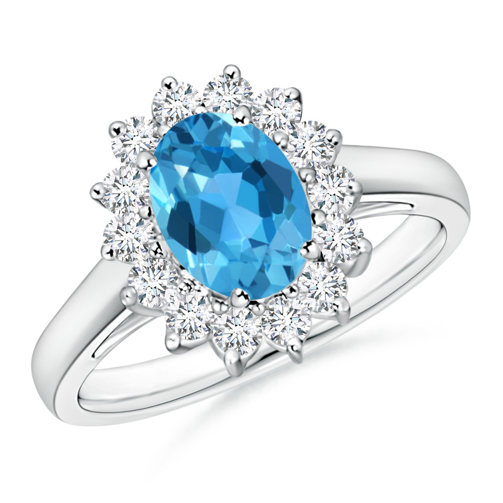 8x6mm AAA Princess Diana Inspired Swiss Blue Topaz Ring with Halo in White Gold