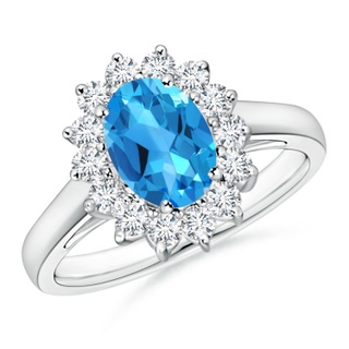 8x6mm AAAA Princess Diana Inspired Swiss Blue Topaz Ring with Halo in P950 Platinum