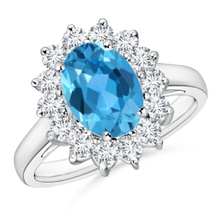 9x7mm AAA Princess Diana Inspired Swiss Blue Topaz Ring with Halo in White Gold