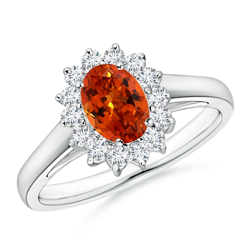 7x5mm AAAA Princess Diana Inspired Spessartite Ring with Diamond Halo in P950 Platinum