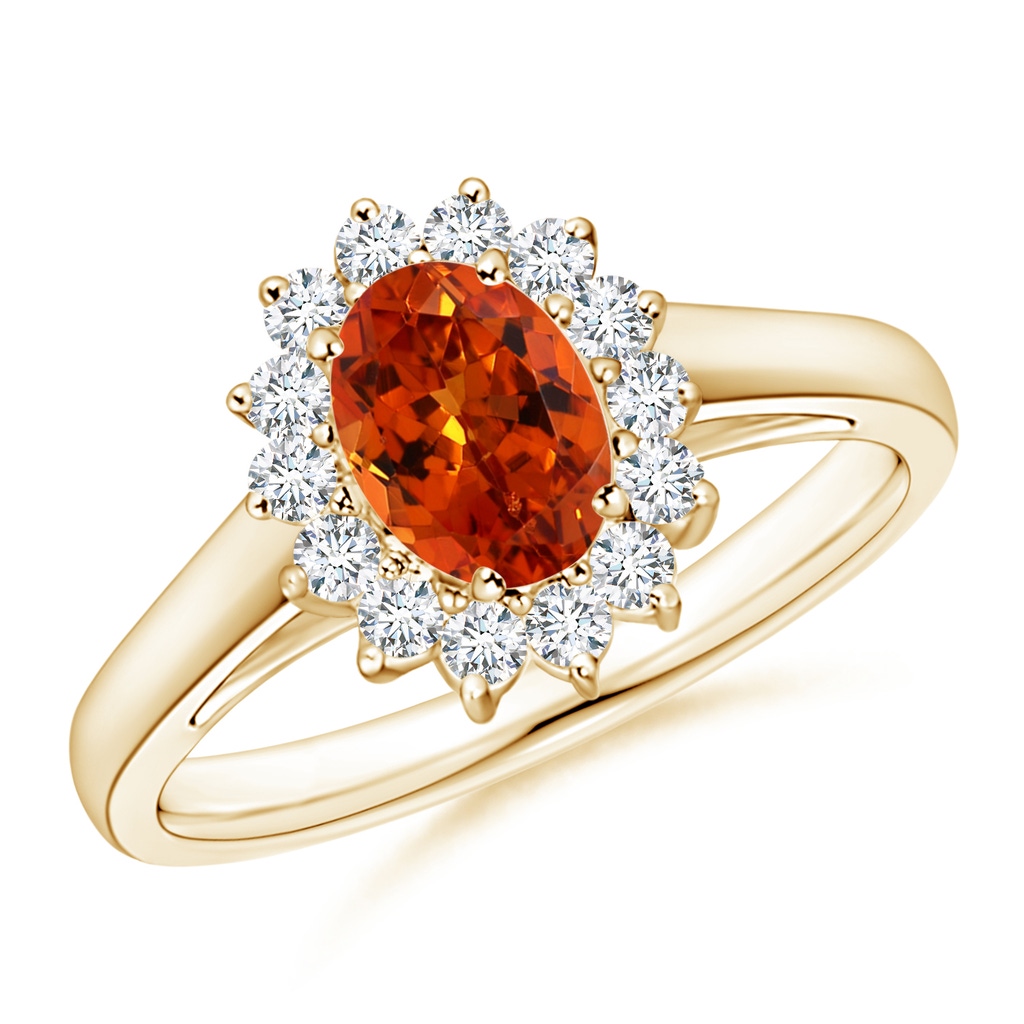 7x5mm AAAA Princess Diana Inspired Spessartite Ring with Diamond Halo in Yellow Gold