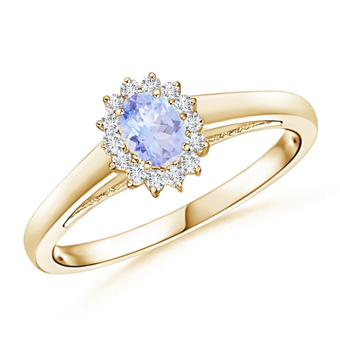 5x3mm A Princess Diana Inspired Tanzanite Ring with Diamond Halo in Yellow Gold 