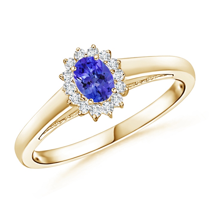5x3mm AAAA Princess Diana Inspired Tanzanite Ring with Diamond Halo in Yellow Gold