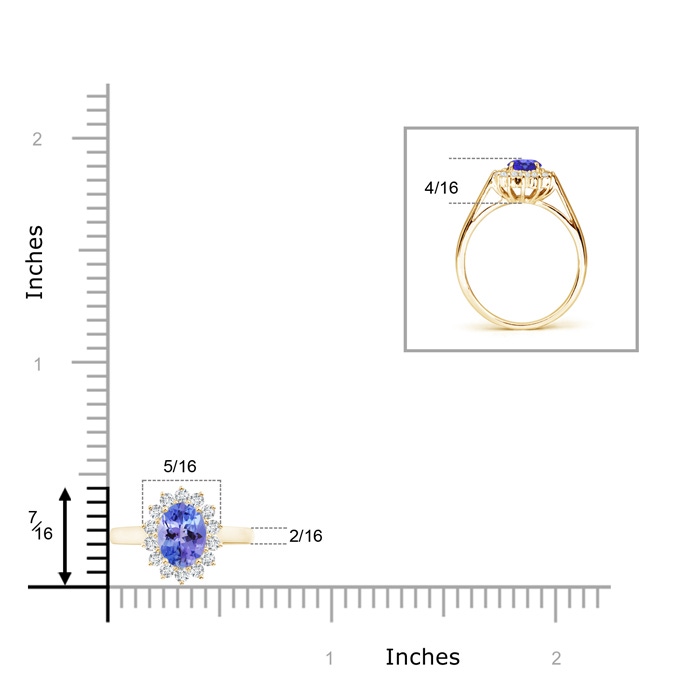 7x5mm AA Princess Diana Inspired Tanzanite Ring with Diamond Halo in Yellow Gold ruler